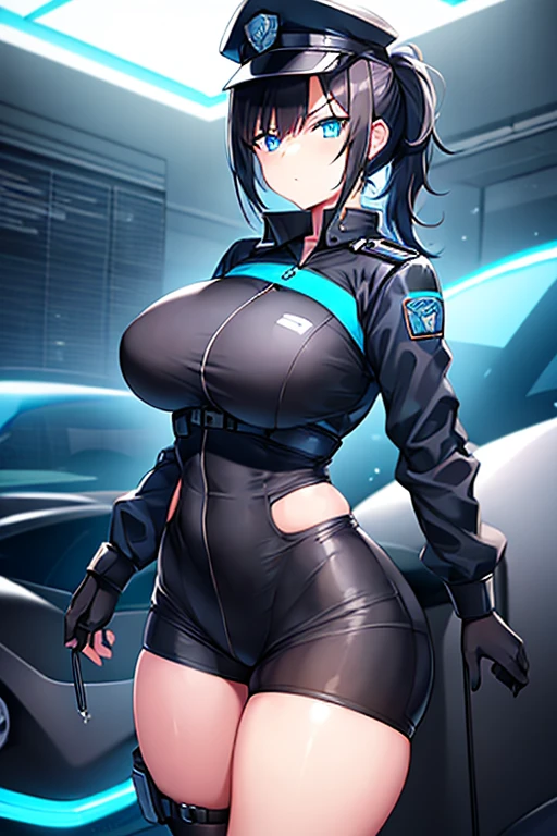 1girl, black hair, short hair, ponytail, long ponytail, blue eyes, large breasts, thick thighs, toned, hourglass figure, serious, blue jacket, bodysuit, black bodysuit, policewoman, police hat, police, neon, neon trim, futuristic, science-fiction, machinery, tech,