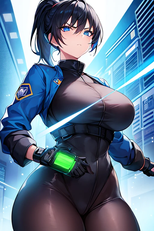 1girl, black hair, short hair, ponytail, long ponytail, blue eyes, large breasts, thick thighs, toned, hourglass figure, serious, blue jacket, bodysuit, black bodysuit, policewoman, police hat, police, neon, neon trim, futuristic, science-fiction, machinery, tech,