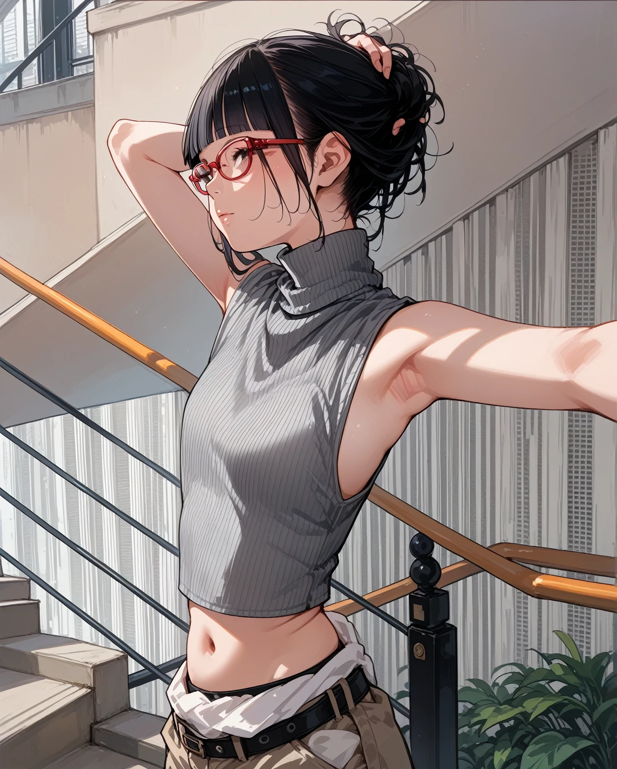 Glasses,Asian woman in grey top and black pants posing on stairs, Sleeveless turtleneck, セクシーなWearing a crop top, Photo of slim girl model, Chiho, T-Top, shikamimi, Wearing a crop top, Real life anime girls, Kurohime cut hair, This is Junji's style., Shashi, 2 4-year-old female model