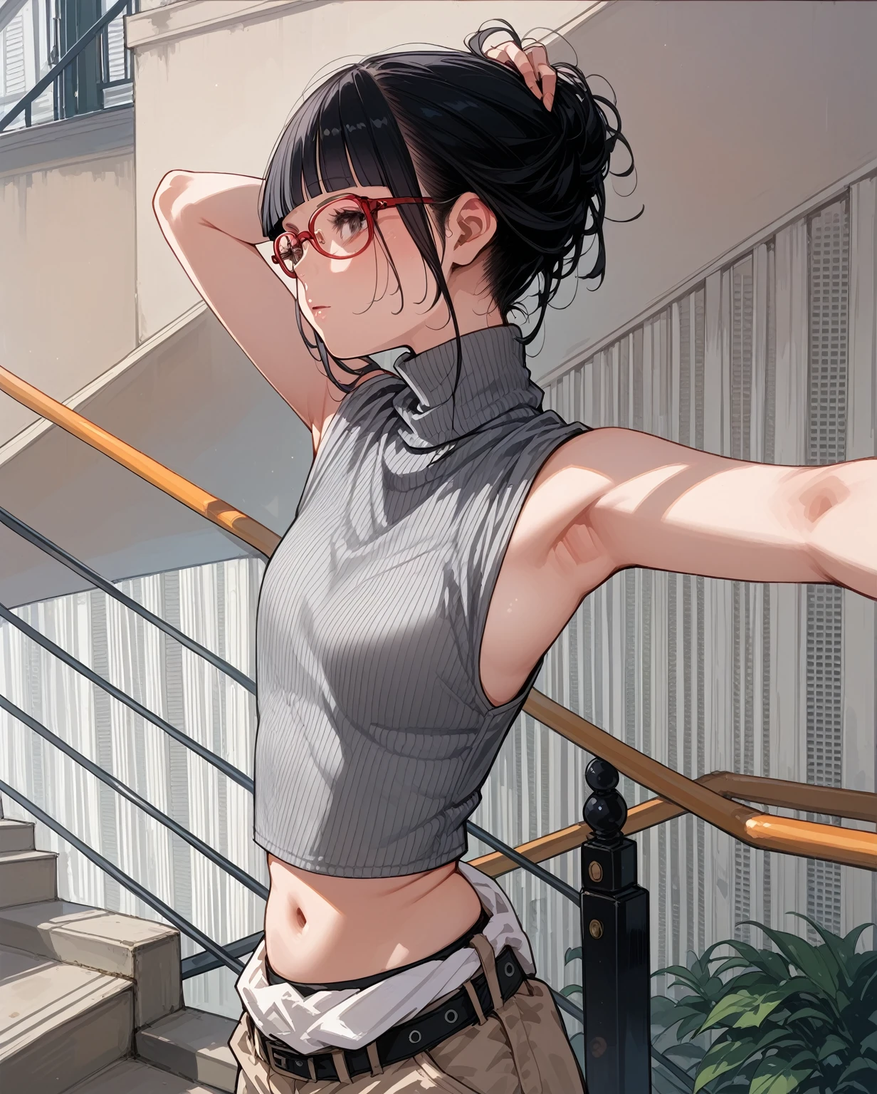 Glasses,Asian woman in grey top and black pants posing on stairs, Sleeveless turtleneck, セクシーなWearing a crop top, Photo of slim girl model, Chiho, T-Top, shikamimi, Wearing a crop top, Real life anime girls, Kurohime cut hair, This is Junji's style., Shashi, 2 4-year-old female model
