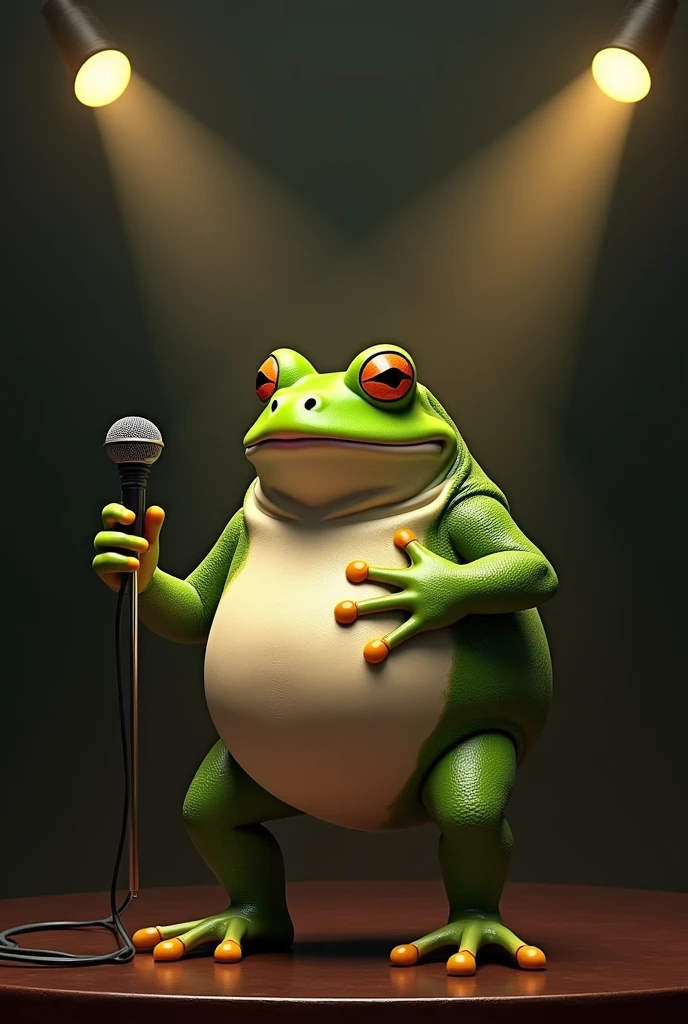 A very fat frog on a stage in Oantano, singing into a microphone. Create the same image but more realistic