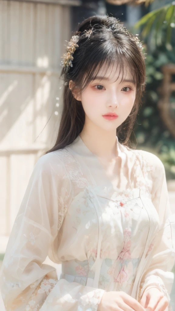1 girl,Beautiful, Floral Pattern, Radiant Skin, Seductive gaze, Decorative clothing, Natural Lighting, Shallow to see deep, Romantic environment, Dreamy pastel tones, Peculiar details, Film shooting,(8K, original photo:1.2), best quality, Ultra-high resolution,CG Unity 8k Wallpaper,masterpiece,best quality,Very detailed