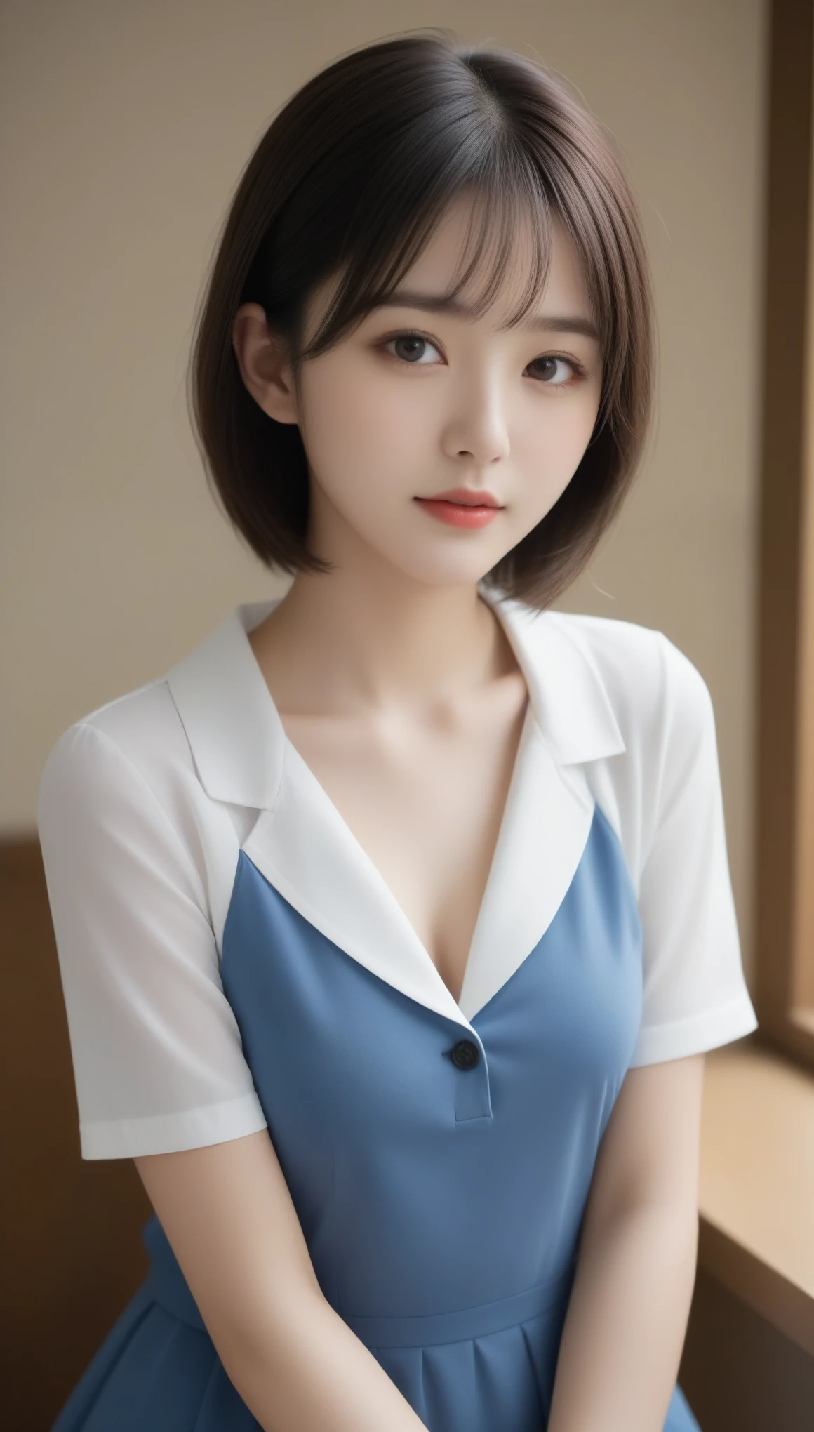 8k, Ultra-high resolution, Highest quality, masterpiece, 三分割法によるphotograph,Surreal, photograph, 1 Girl, (16 years old:1.3), pretty girl, Cute Face, 細部までBeautiful Eyes, 細かくdetailedに,masterpiece,One Girl:1.2,Japanese female announcer,cowboy shot,light smile,Blonde hair,Bowl cut,Sailor, (Short-sleeved sailor uniform, Navy blue mini skirt),(Perfect female body:1.4)、(女の子のポートレートphotograph:1.4)、(Photorealistic images:1.4),(Beautiful Face:1.4),Beautiful and attractive eyes、Beautiful Eyes、(Tight waist:1.4)、(Beautiful girl with perfect body proportions:1.4),Red lips,(choker:1.4),Looking at the audience,(((Ideal body type))),A-cup small breasts :2,、Portraiture:2、Perfect Anatomy、鮮明なdetailed、detailed,Fashion magazine cover,Thin lips,Gray background ,完璧でBeautiful Face ,完璧でCute Face, Skin with attention to detail, Perfect limbs、Narrow waist,Looking at the audience,(((Ideal body type))),A cup small breasts :2,Portraiture:2,Perfect Anatomy,鮮明なdetailed,detailed,Surreal,Light and shadow,glowing