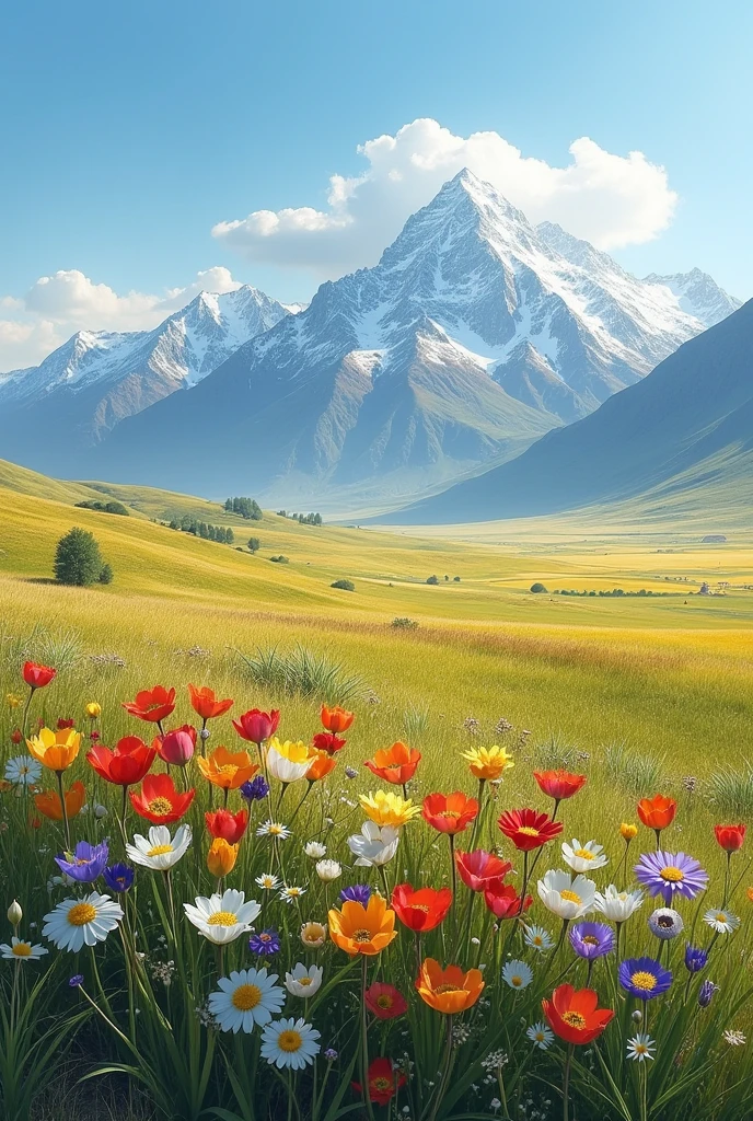 Steppe in spring,There are colorful wild flowers nearby,In the distance are grasslands and snow-capped mountains,Realism
