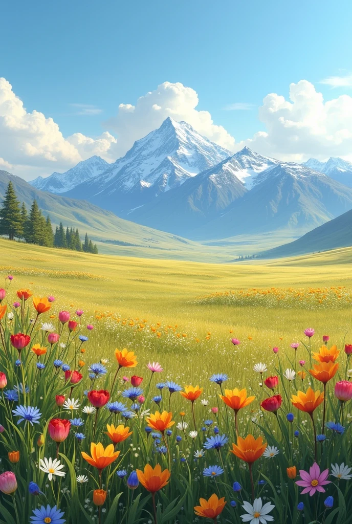 Steppe in spring，There are colorful wild flowers nearby，In the distance are grasslands and snow-capped mountains，Realism