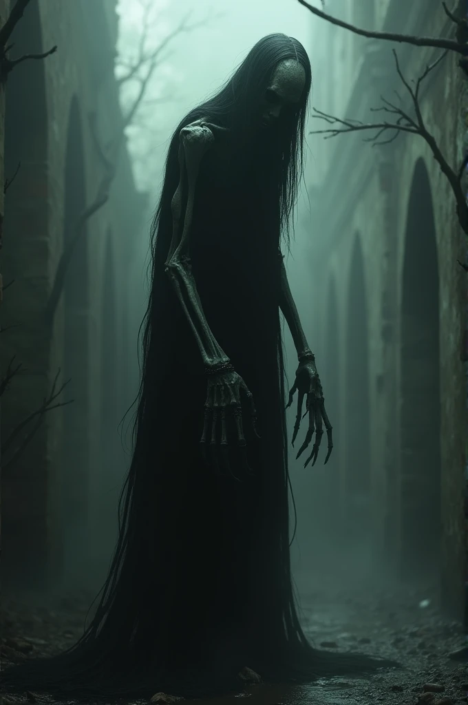 Believe me, a monster with a tall, thin body and a hidden deformed face