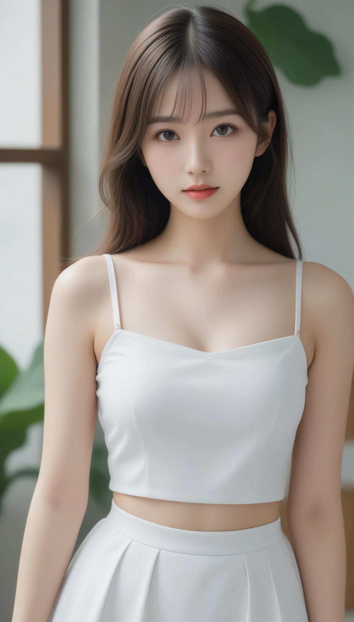 A woman in a white top and skirt posing for a picture - SeaArt AI