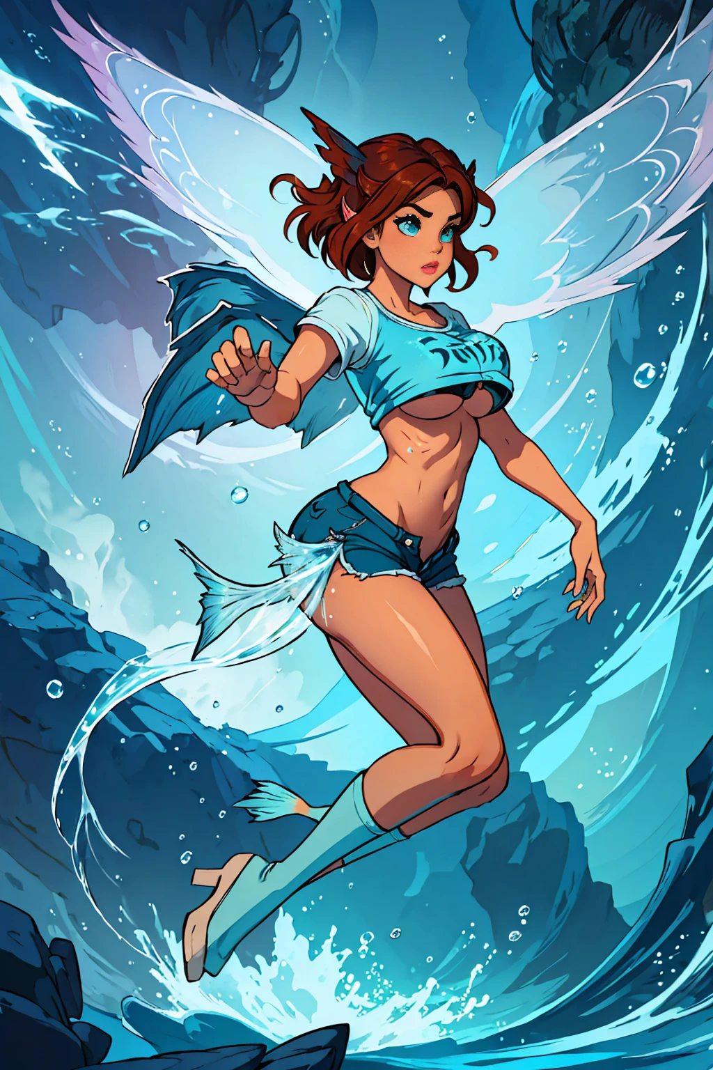 short pants, inner side boobs, hair flying, short shirt, dynamic pose, full body ,panties,perfect hands, five perfect fingers, (((fish wings))), Powerful aquatic light on the hand, goddess of waters, control over water.