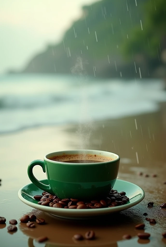 Coffee green cup coffee beans in plate rain morning beach