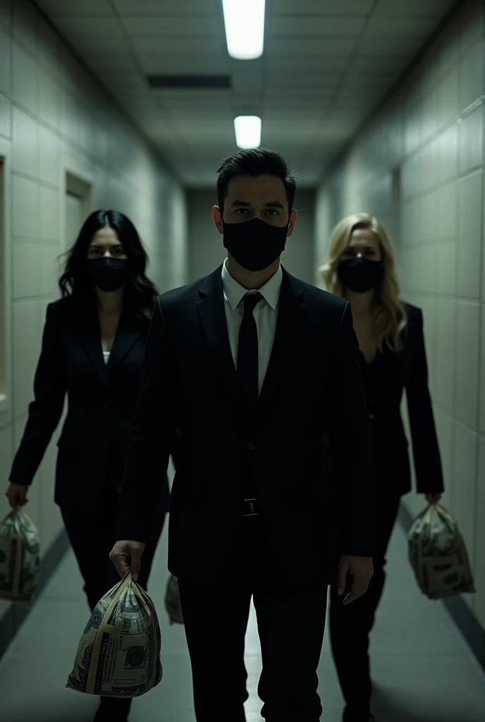 A man with short black hair and a black suit followed by a woman with black hair and a black suit as well as another woman with blonde hair and a black suit, all wearing black face masks., They escape from a bank through an underground tunnel, It&#39;s dark and they use flashlights to escape., They have bags of money in their hands