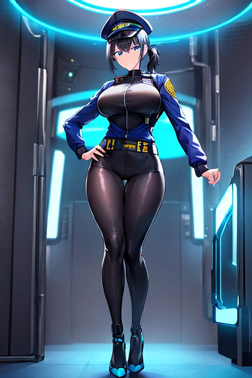 1girl, black hair, short hair, ponytail, long ponytail, blue eyes, large breasts, toned, hourglass figure, serious, blue jacket, bodysuit, black bodysuit, policewoman, police hat, police, neon, neon trim, futuristic, science-fiction, machinery, tech, full_body, ((full body)), standing, high heels