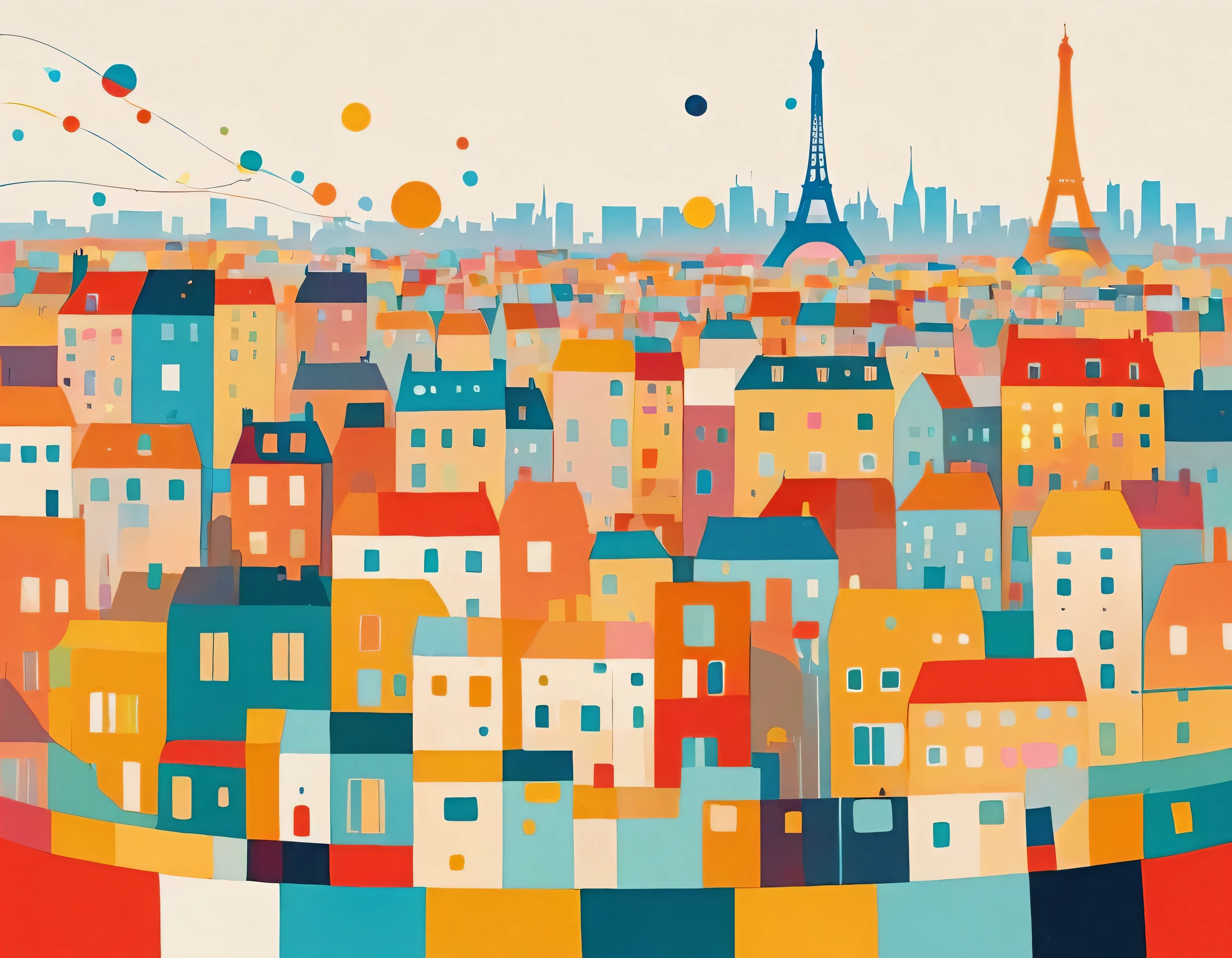 Paul Klee colorful style, Simple Line Initialism，Abstract art，(((Paris cityscape))), (((No people)))