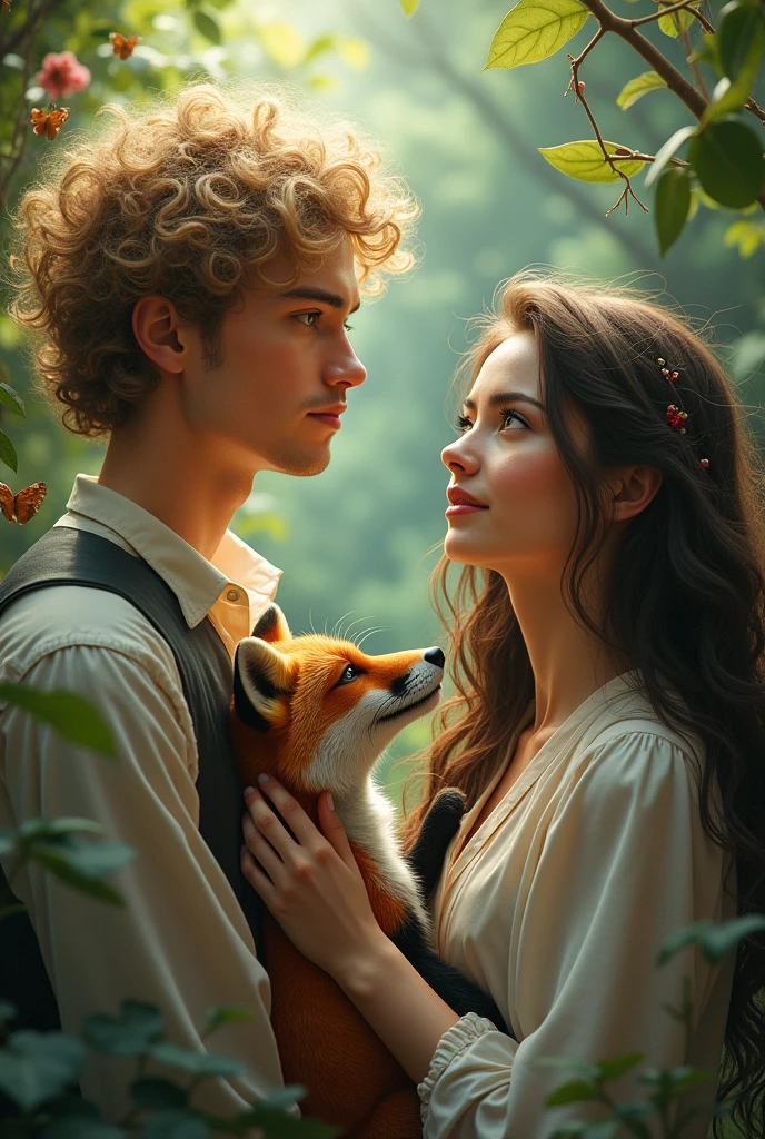 Curly blond man and fox, brunette woman with long hair and Panda