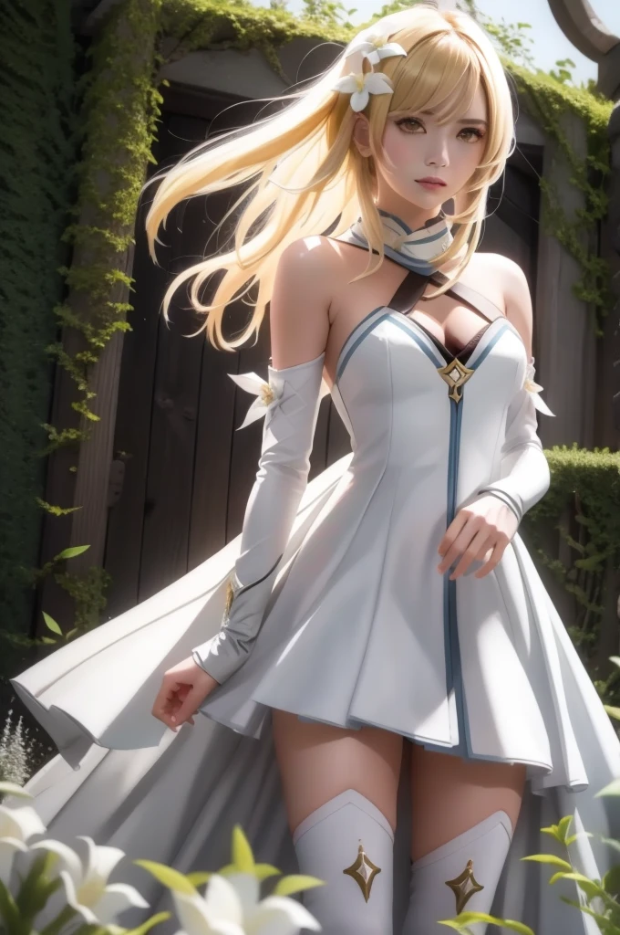 (luminecos:1.4),1girl, naughty face, Best quality, masterpiece, ultra high res, RAW photo,masterpiece, best quality, (photorealistic:1.4), (narrow waist:1.2), delicate face
,  outdoors,blurry background,
gloves, dress, black gloves, white dress, fingerless gloves, detached sleeves, thighhighs,
