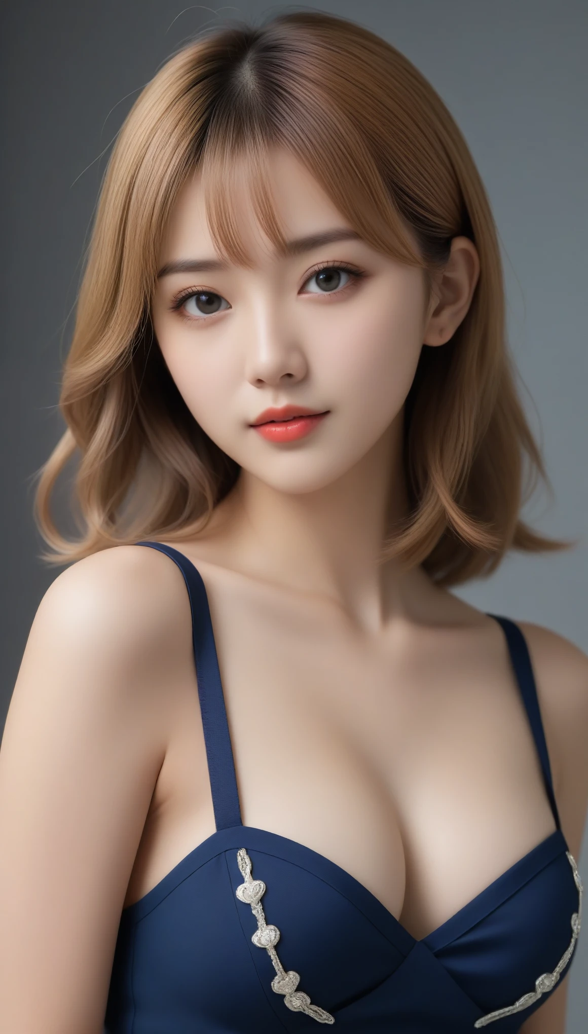 8k, Ultra-high resolution, Highest quality, masterpiece, 三分割法によるphotograph,Surreal, photograph, 1 Girl, (:1.3), pretty girl, Cute Face, 細部までBeautiful Eyes, 細かくdetailedに,masterpiece,One Girl:1.2,Japanese female announcer,cowboy shot,light smile,Blonde hair,Bowl cut,Sailor, (Short-sleeved sailor uniform, Navy blue mini skirt),(Perfect female body:1.4)、(女の子のポートレートphgraph:1.4)、(Photorealistic images:1.4),(Beautiful Face:1.4),Beautiful and attractive eyes、Beautiful Eyes、(Tight waist:1.4)、(Beautiful girl with perfect body proportions:1.4),Red lips,(choker:1.4),Looking at the audience,(((Ideal body type))),A-cup small breasts :2,、Portraiture:2、Perfect Anatomy、鮮明なdetailed、detailed,Fashion magazine cover,Thin lips,Gray background ,完璧でBeautiful Face ,完璧でCute Face, Skin with attention to detail, Perfect limbs、Narrow waist,Looking at the audience,(((Ideal body type))),A cup small breasts :2,Portraiture:2,Perfect Anatomy,鮮明なdetailed,detailed,Surreal,Light and shadow,glowing