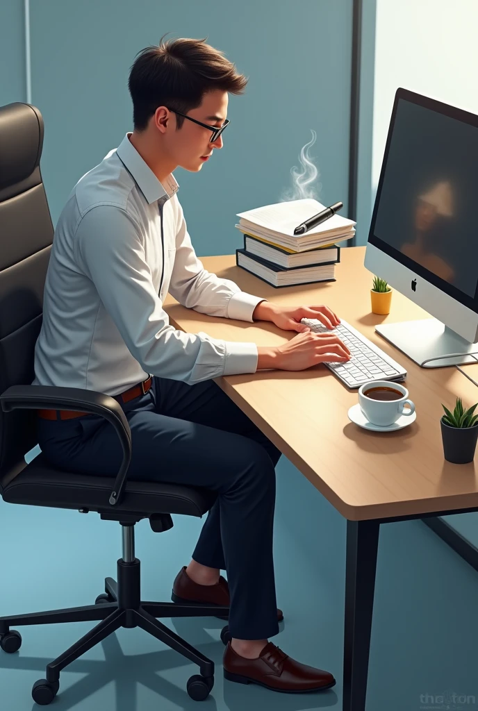 Make a picture of a full-body office worker at his desk seen from behind in three-quarters and a high-angle perspective.