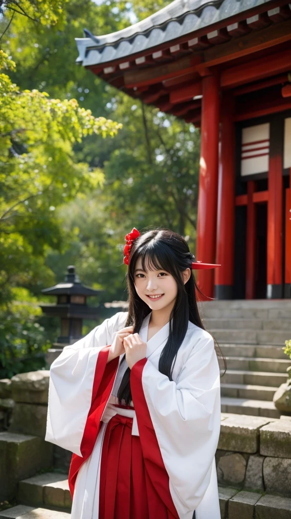 Shrine maiden　solo, smile, Black Hair, 