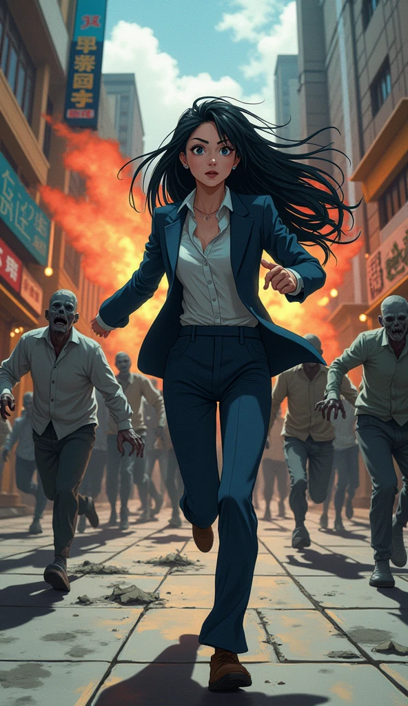 ((A woman with long hair)),Running in the street in fear,Many people run,There are many zombies behind,Exploding shop,Black Hair,Ladies suits,Japanese anime style