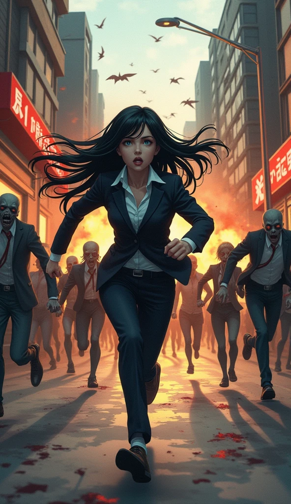 ((A woman with long hair)),Running in the street in fear,Many people run,There are many zombies behind,Exploding shop,Black Hair,Ladies suits,Japanese anime style