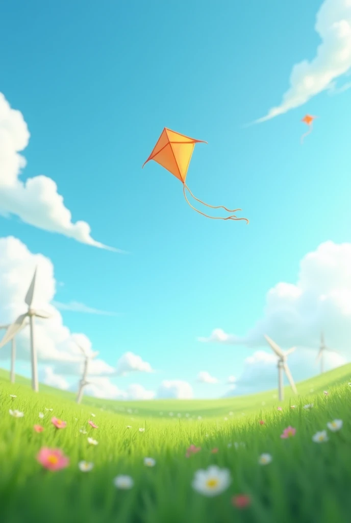 A kite flies in the blue sky, flanked by green grass and white clouds. The background is the grassland in spring, there are some small flowers in the grassland, the colours are light and elegant, which creates an atmosphere full of vitality. The scene is made by C4D rendering technology, and the style is simple and beautiful. Through soft lighting effects, it presents a sense of tranquility. There are also some scattered windmills on one side, adding to the overall beauty.