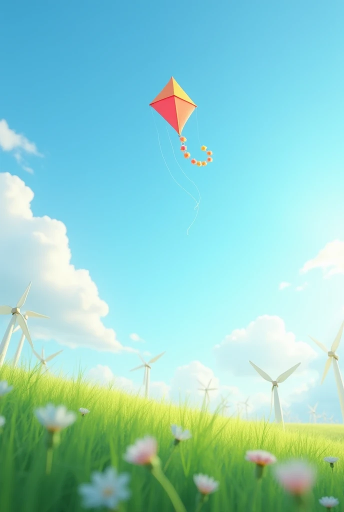 A kite flies in the blue sky, flanked by green grass and white clouds. The background is the grassland in spring, there are some small flowers in the grassland, the colours are light and elegant, which creates an atmosphere full of vitality. The scene is made by C4D rendering technology, and the style is simple and beautiful. Through soft lighting effects, it presents a sense of tranquility. There are also some scattered windmills on one side, adding to the overall beauty.