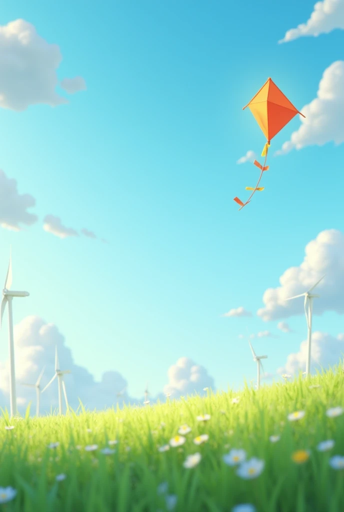 A kite flies in the blue sky, flanked by green grass and white clouds. The background is the grassland in spring, there are some small flowers in the grassland, the colours are light and elegant, which creates an atmosphere full of vitality. The scene is made by C4D rendering technology, and the style is simple and beautiful. Through soft lighting effects, it presents a sense of tranquility. There are also some scattered windmills on one side, adding to the overall beauty.