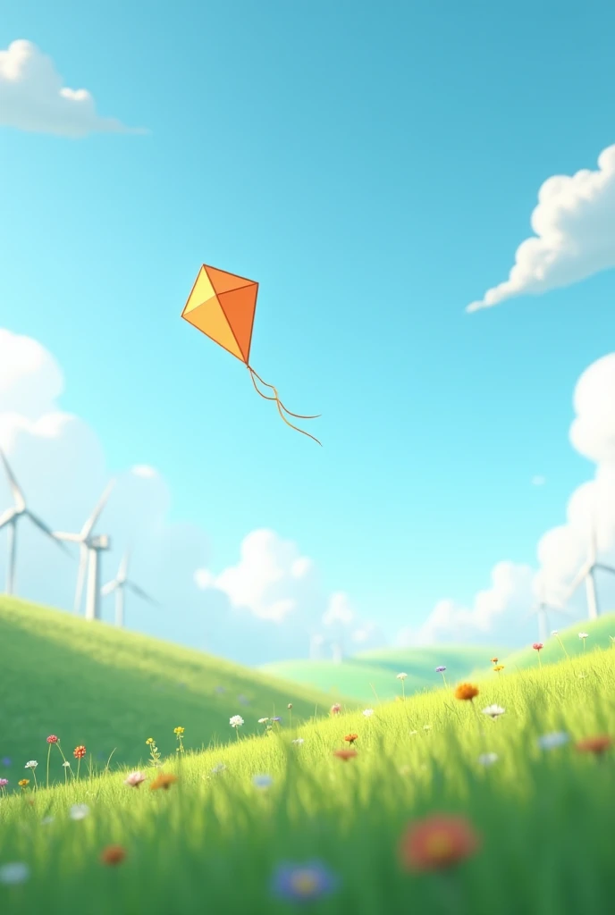 A kite flies in the blue sky, flanked by green grass and white clouds. The background is the grassland in spring, there are some small flowers in the grassland, the colours are light and elegant, which creates an atmosphere full of vitality. The scene is made by C4D rendering technology, and the style is simple and beautiful. Through soft lighting effects, it presents a sense of tranquility. There are also some scattered windmills on one side, adding to the overall beauty.