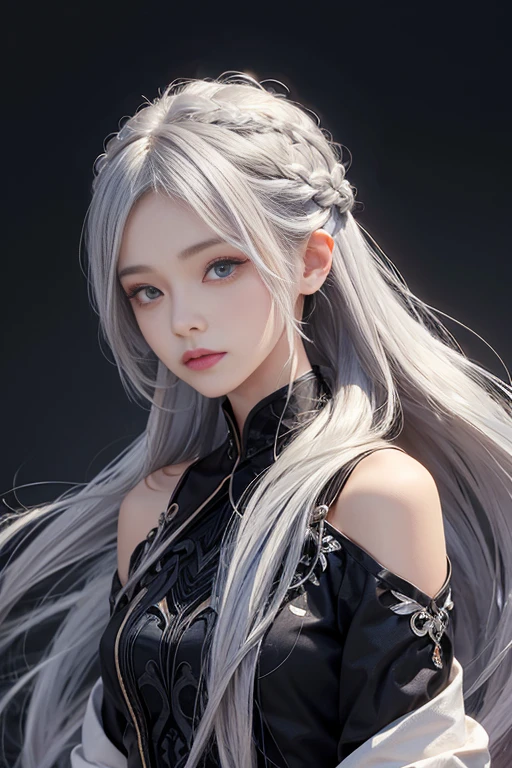 cute、woman、A hairstyle with all hair swept back、Odd Eye、Silver hair back、male、Her hair is shoulder-length、Odd Eye、male'Left eye is red、male right eye blue、Increase the wide angle、Clear Eyes、White and blue magic costume、mini skirt、