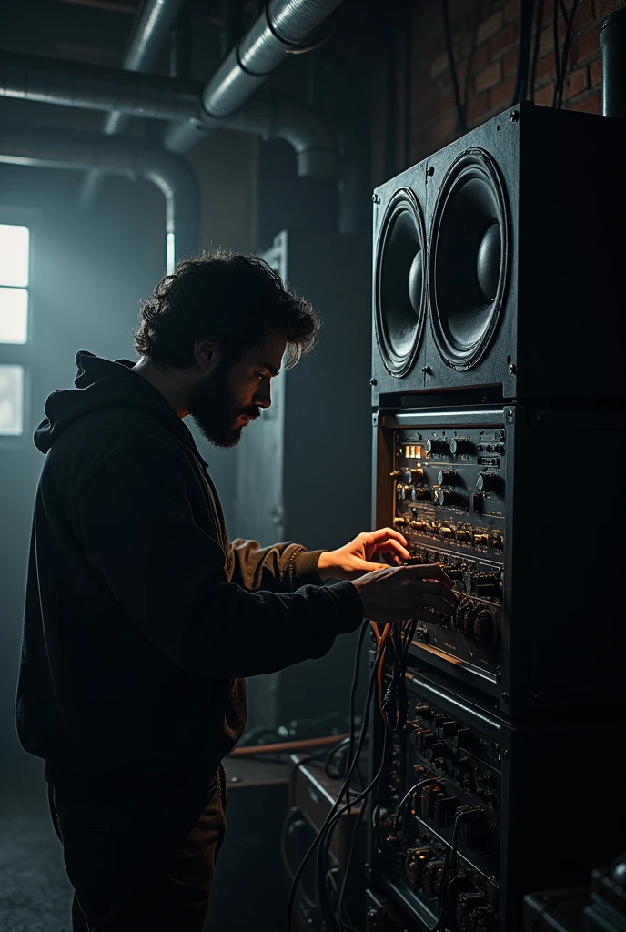 dark boy, Bearded man installing audio and sound system with speakers