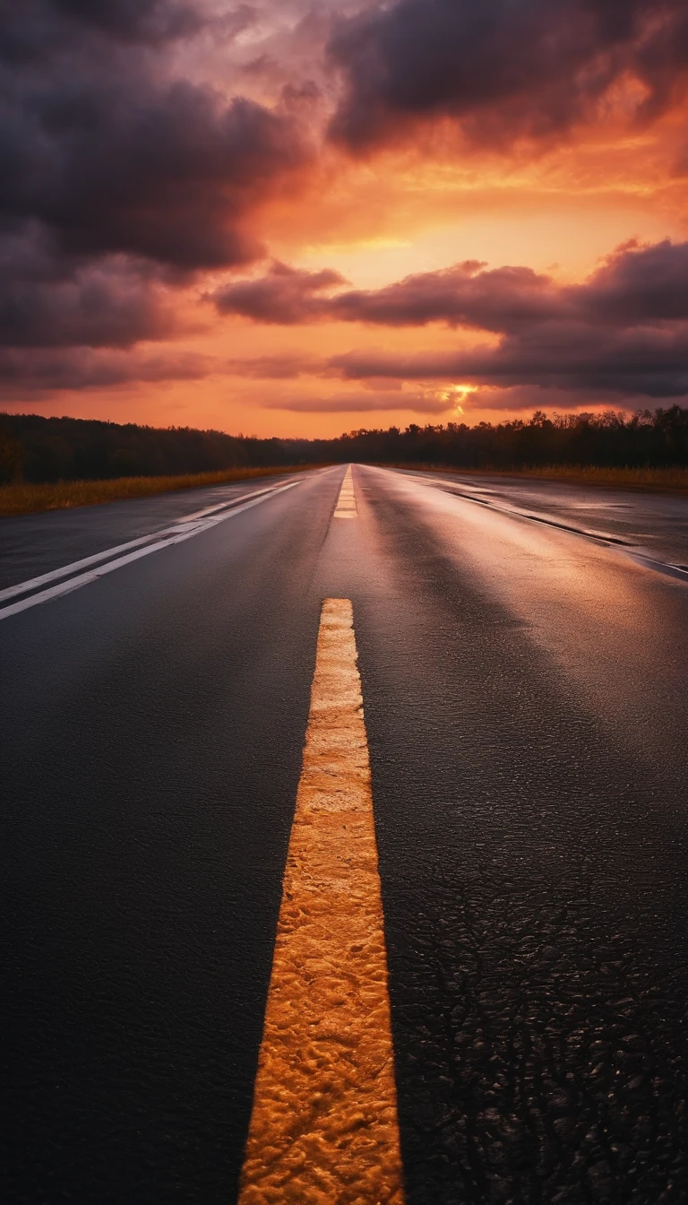 Create a sunset scene with cloudy weather on a wet asphalt track