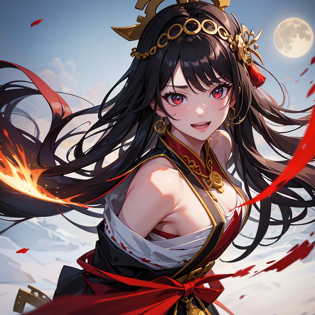 (16K,Ultra-high resolution,Highest quality,masterpiece,Realistic,Super detailed,Perfect lighting),RAW Photos,Highly detailed facial features, Beautiful and perfect face, Perfect Eyes,独奏,Bloody Japanese sword,A Japanese shrine maiden covered in blood,shrine maiden outfit,Cute 16 years old,Give a happy smile to your audience,Laugh with your mouth open,Abundant blood on the face,Long black hair,Blood spreading on the ground,Blood from the head,evil smile,Japan Night Shrine,full moon