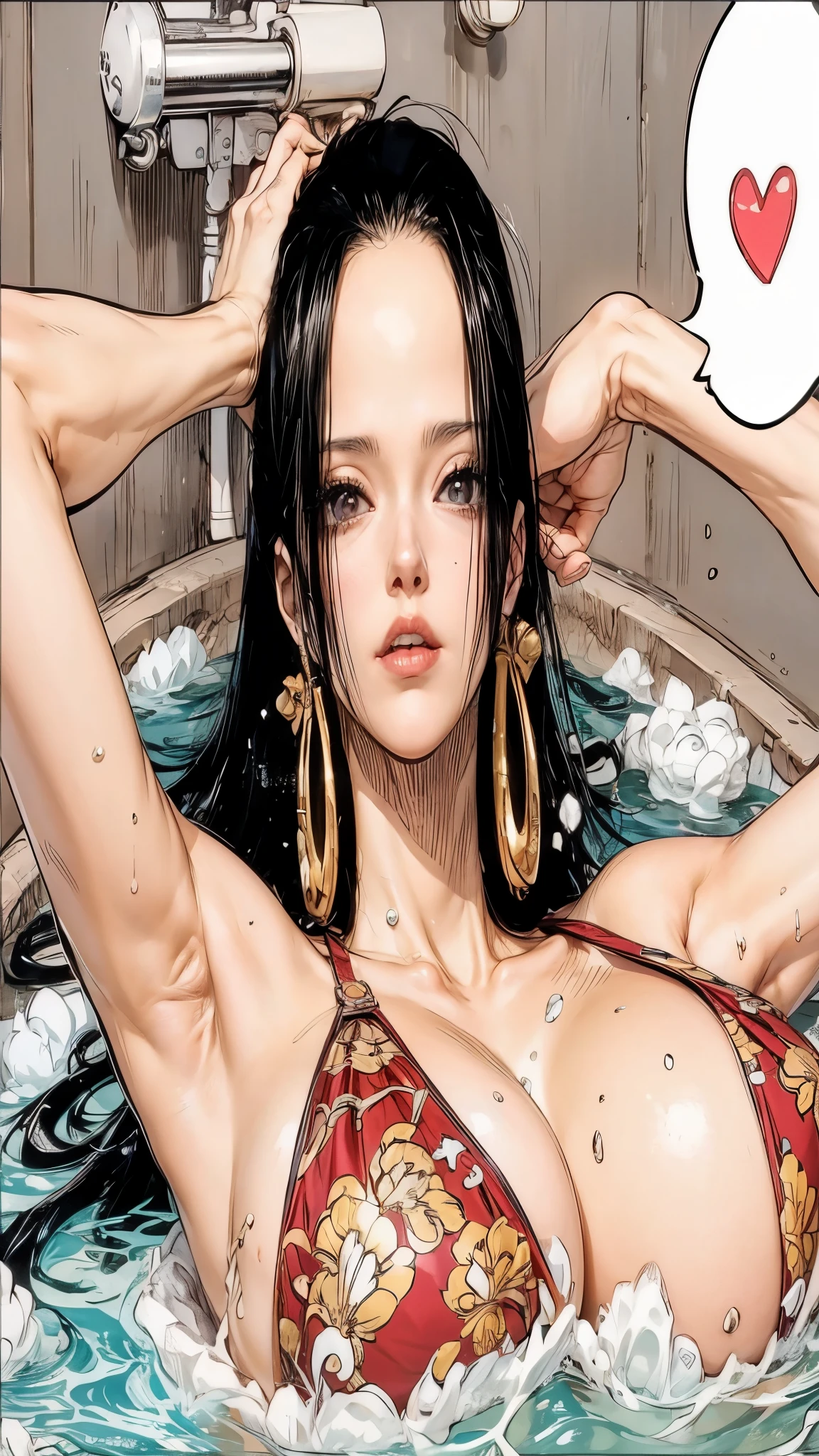 character (boa hancock) black hair wet hair big boobs, huge breasts swimsuit stage: armpit pool , HD High Resolution 4K Masterpiece