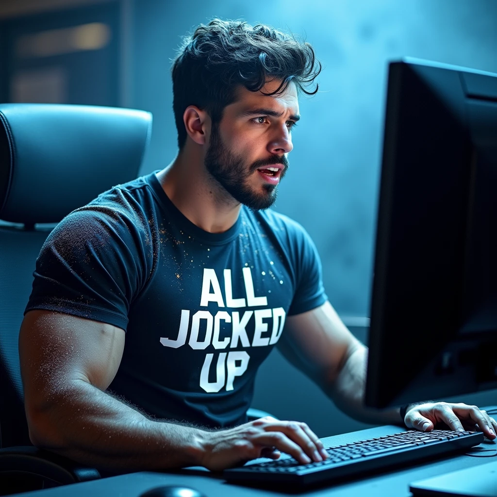 A hyper muscular sweat-soaked male college student wearing a shirt that says ALL JOCKED UP sits in front of a monitor in a dark computer lab at night staring vapidly over the glowing screen shining light on his face as his mouth hangs completely open and he is hypnotized and brainwashed to be a big dumb stereotypical bodybuilder football jock with glowing eyes. Repeating mantras to meet their goal to be big dumb muscular sweaty bodybuilder bros. Saying, "Must be big.... Must be dumb.... Big dumb jock.... I ... must become.... Uhhhhhh ... Huhuh ... I'm all jocked up, bro. Jocks are big. Jocks are dumb. Must be big.... Must be dumb...." Big biceps. Big triceps. Big traps. Broad shoulders. Broad chests. Hyper thick meaty pecs. IQ drain. Hyper bulging crotch. Dumber and dumber. hypnosis. hypnotized. Brainwashing. Brainwashed. mindless. entranced. Enthralled. Meathead. Musclehead. Meatheadosis. Flexing. Photo manipulation. Covered in sweat.