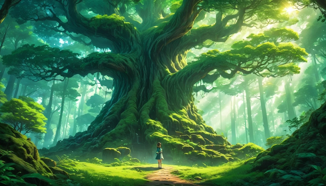 (anime, fantasy, forest), (best quality, highres, HDR:1.2), (cold colors), calm atmosphere, inviting environment, lush forest, a girl standing in the corner, giant tree, green, intricate, ethereal light, detailed landscape