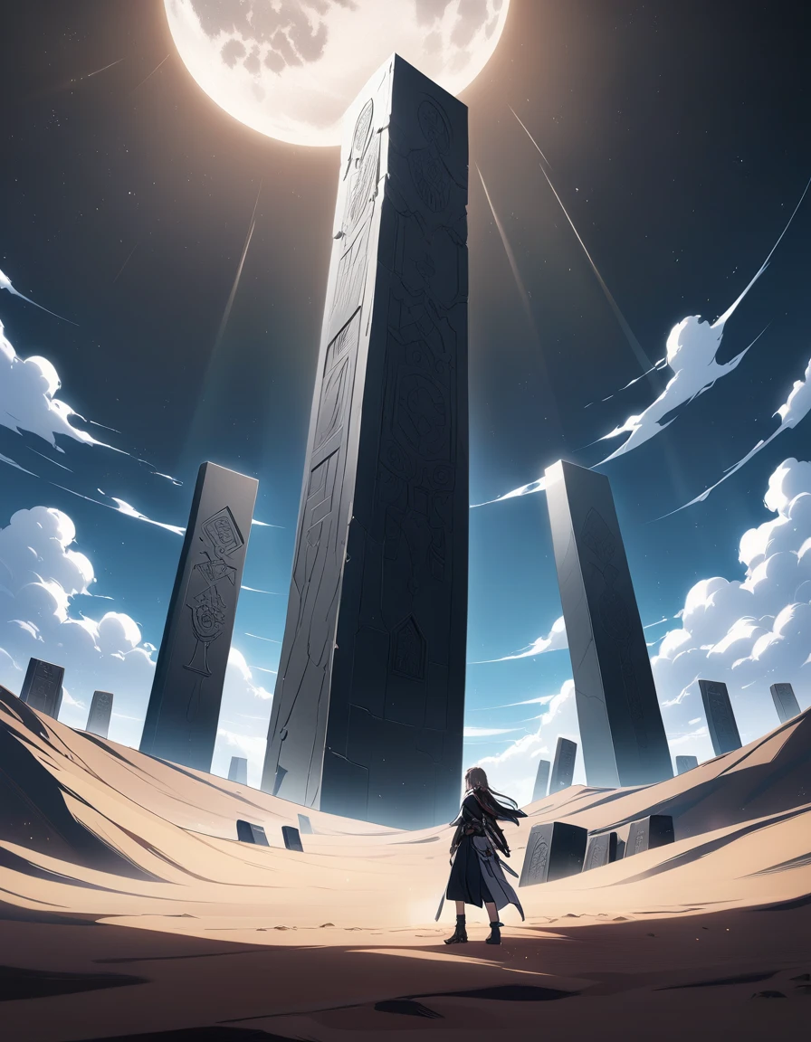 Long desert, clear sky, Scenario, moonligh, stele, high qualiy, anime styling
