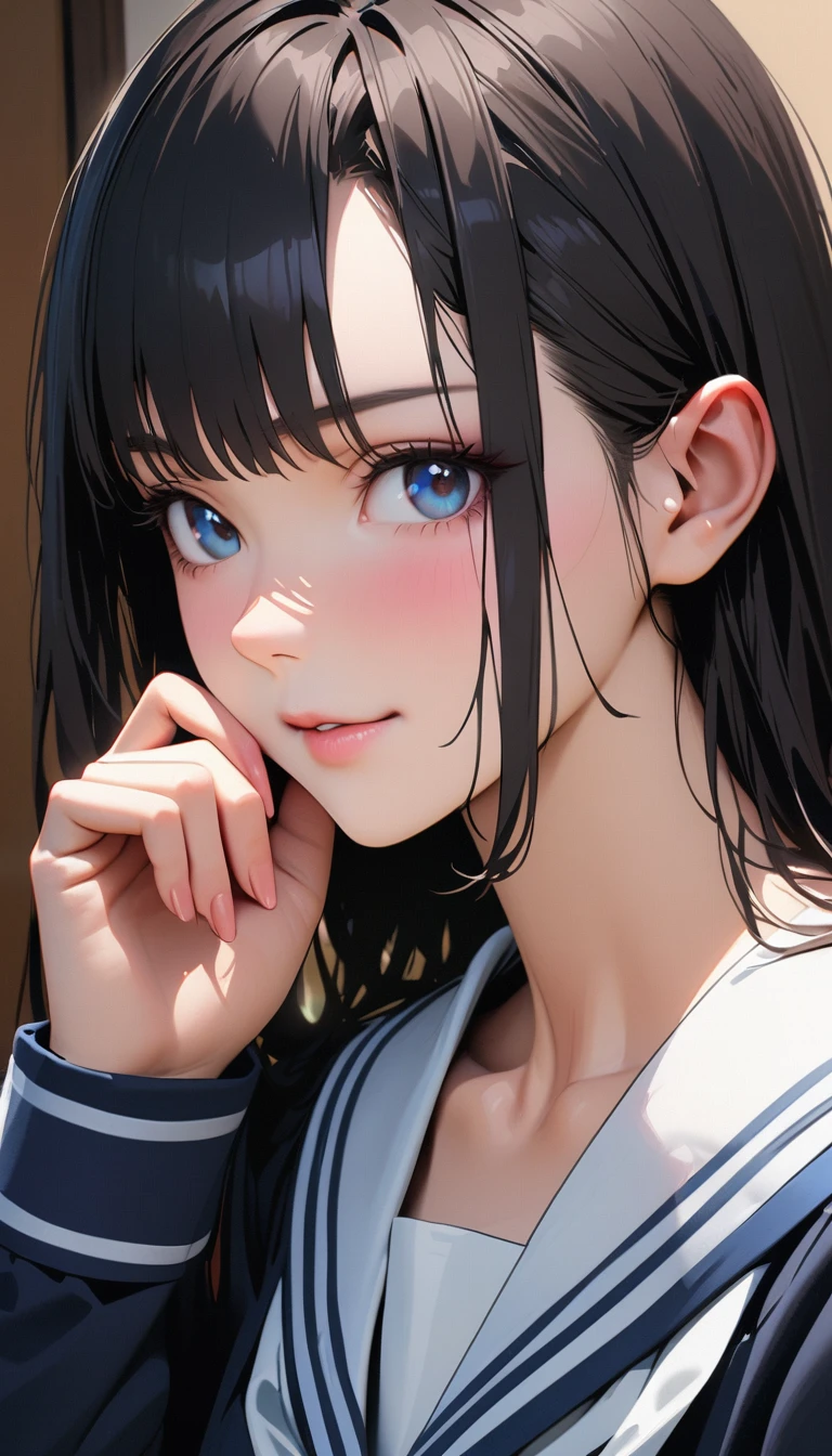 Modern, Verism, masterpiece, Textured skin, Super Detail, Highest quality, 16K , Live Action、Beautiful woman ,Sailor suit, She has her chin on her hand, Looking into the camera, ( stage: A room in my house、high school girl'S Room、cute)、Super shiny semi-bob blonde hair、Make-up image of a young woman with captivating purple eyes。テンパった顔もcute、(((((Eyes hidden by long bangs)))))、(((Long black hair:1.2 hair band)))(((Black-rimmed glasses:1.2 black eye)))