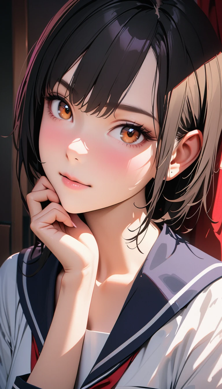 Modern, Verism, masterpiece, Textured skin, Super Detail, Highest quality, 16K , Live Action、Beautiful woman ,Sailor suit, She has her chin on her hand, Looking into the camera, ( stage: A room in my house、high school girl'S Room、cute)、Super shiny semi-bob blonde hair、Make-up image of a young woman with captivating purple eyes。テンパった顔もcute、(((((Eyes hidden by long bangs)))))、(((Long black hair:1.2 hair band)))(((Black-rimmed glasses:1.2 black eye)))