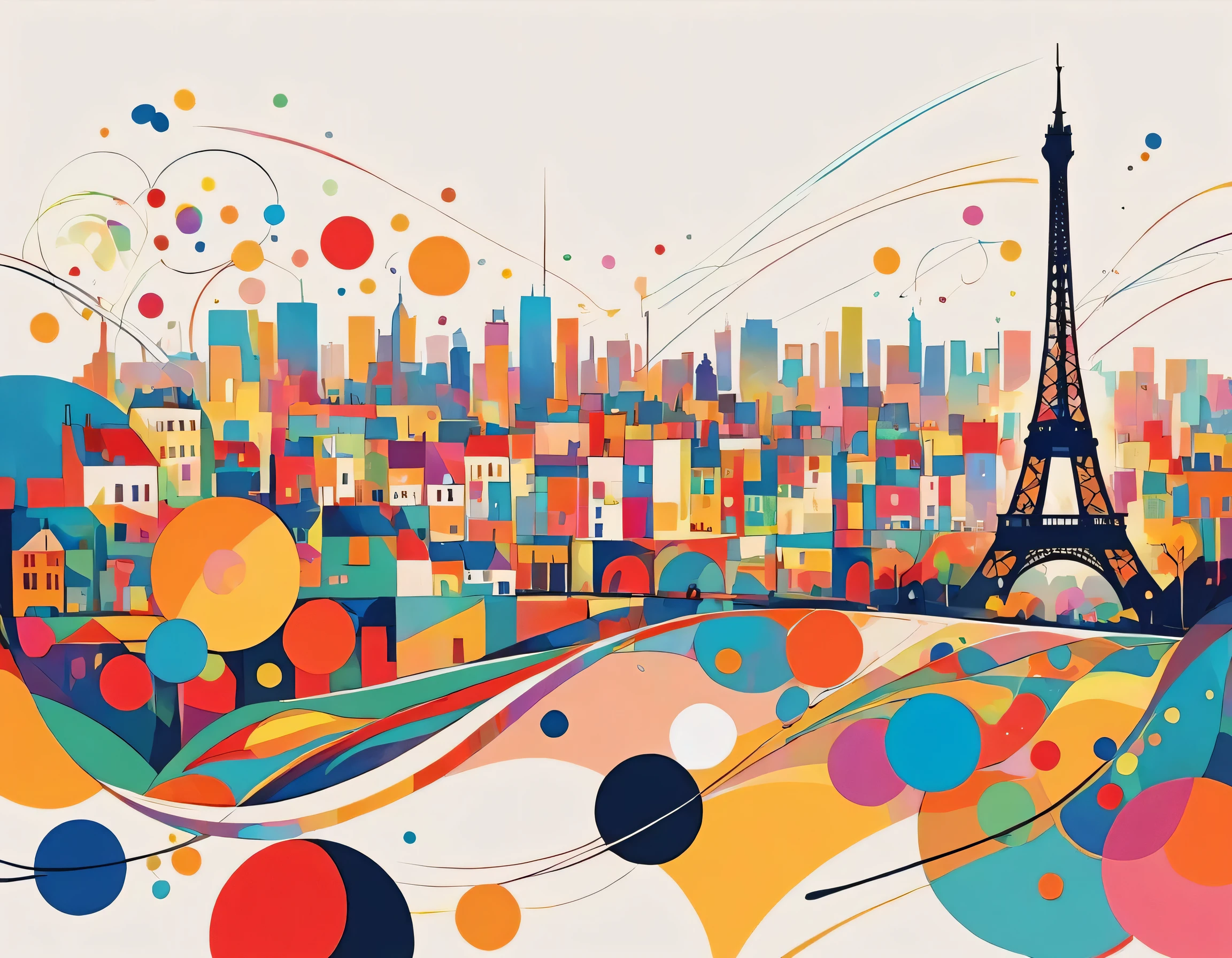 Vasily Kandinsky colorful style, Simple Line Initialism,Abstract art,(((Paris cityscape))), (((No people)))
