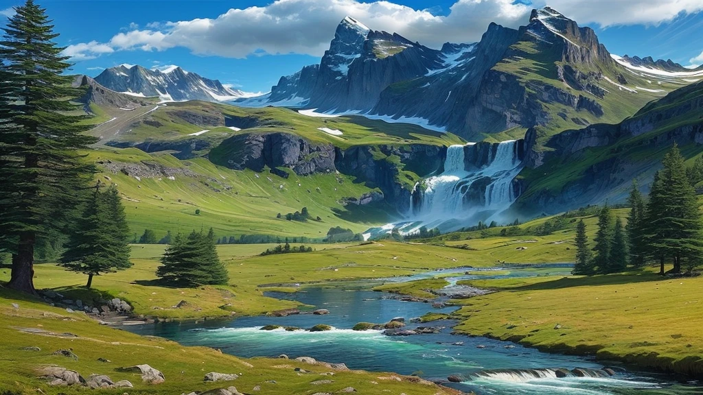 a view of a mountain with a waterfall in the middle of it, majestic nature scenery, stunning nature in background, waterfalls and lakes, lakes and waterfalls, really beautiful nature, in the swiss alps, with trees and waterfalls, with waterfalls, beautiful nature, amazing landscape, immense waterfall, very very beautiful scenery, very beautiful scenery, stunning waterfall, nature in all its beauty
