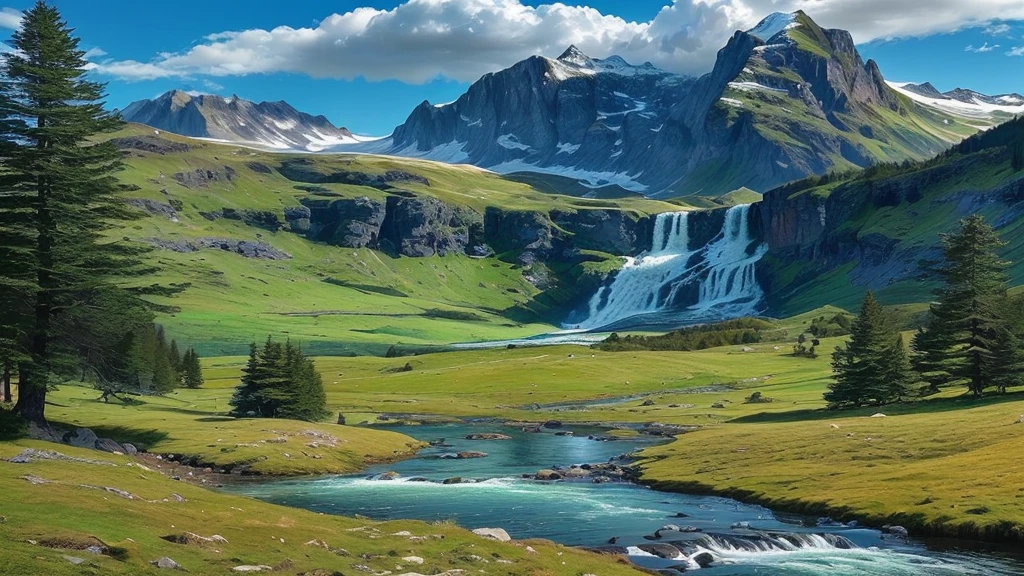 a view of a mountain with a waterfall in the middle of it, majestic nature scenery, stunning nature in background, waterfalls and lakes, lakes and waterfalls, really beautiful nature, in the swiss alps, with trees and waterfalls, with waterfalls, beautiful nature, amazing landscape, immense waterfall, very very beautiful scenery, very beautiful scenery, stunning waterfall, nature in all its beauty