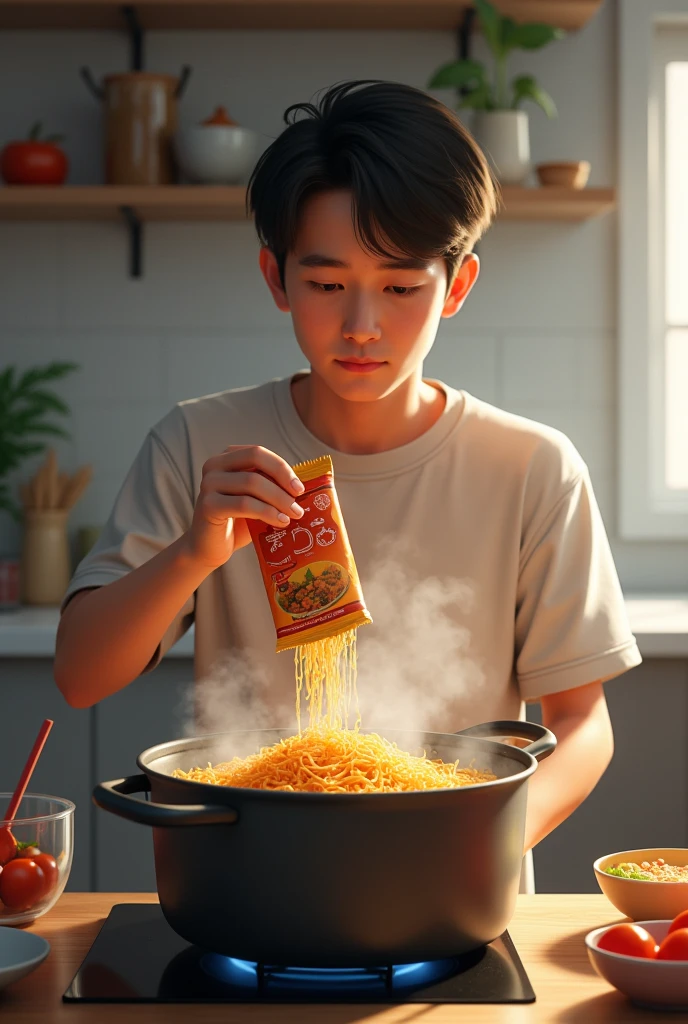 A guy putting a packet of noodle flavor inside a boiling pot