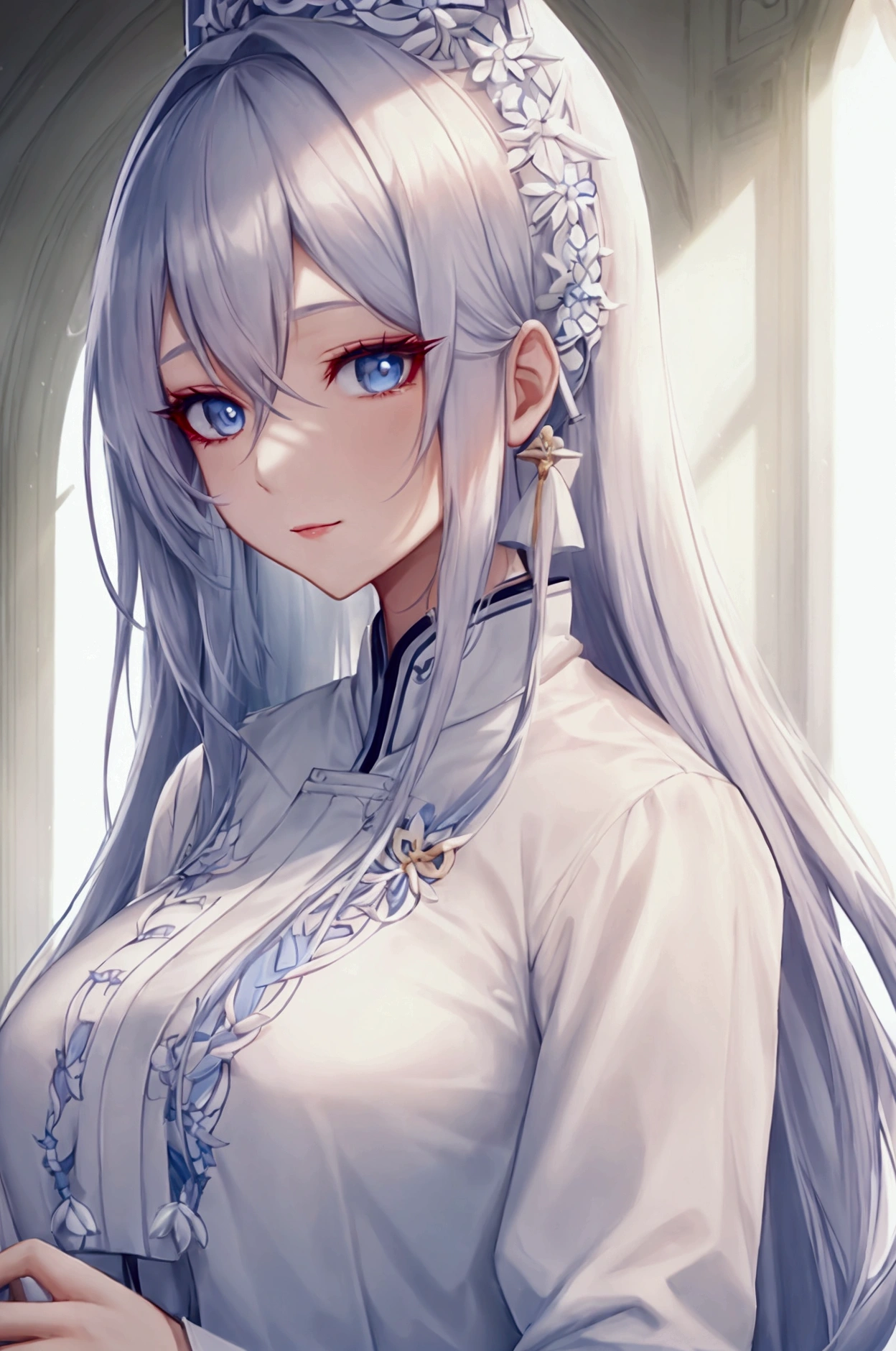 Asian female with long white hair, blue eyes, duoyin makeup wearing white ofice blouse and sunlight streaming down on face