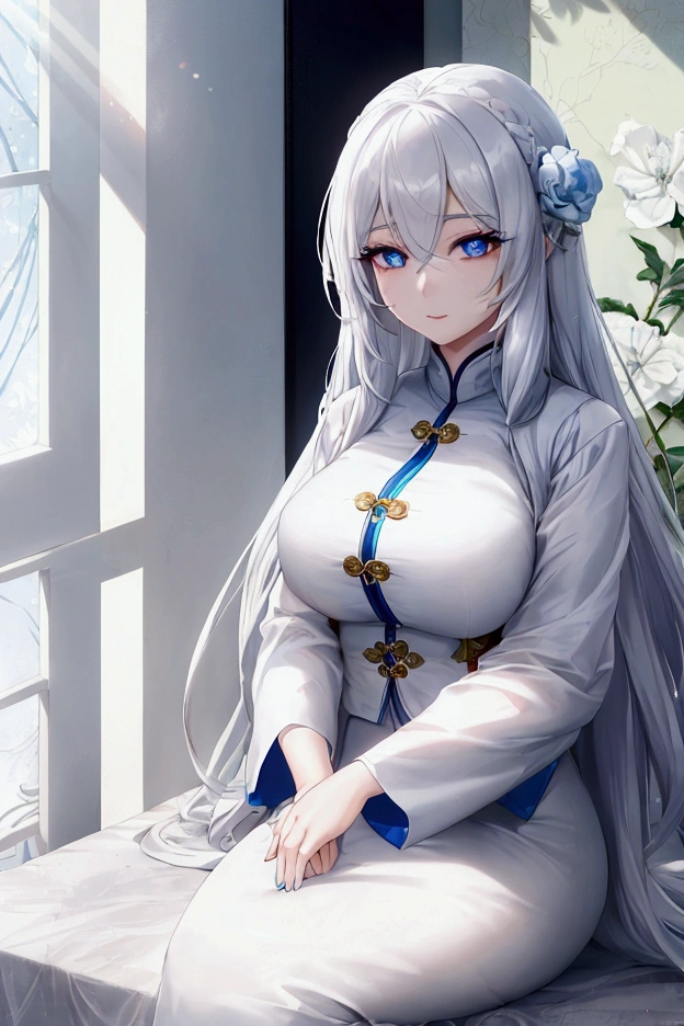 Asian female with long white hair, blue eyes, duoyin makeup wearing white ofice blouse and sunlight streaming down on face