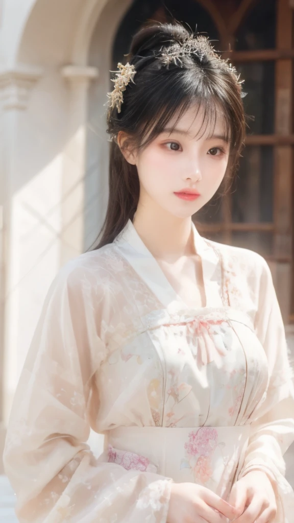 1 girl,Beautiful, Floral Pattern, Radiant Skin, Seductive gaze, Decorative clothing, Natural Lighting, Shallow to see deep, Romantic environment, Dreamy pastel tones, Peculiar details, Film shooting,(8K, original photo:1.2), best quality, Ultra-high resolution,CG Unity 8k Wallpaper,masterpiece,best quality,Very detailed