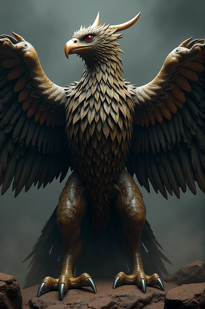 Illustration drawing, featuring garuda:eagle. Deathmetal rendered. Majestic wing.