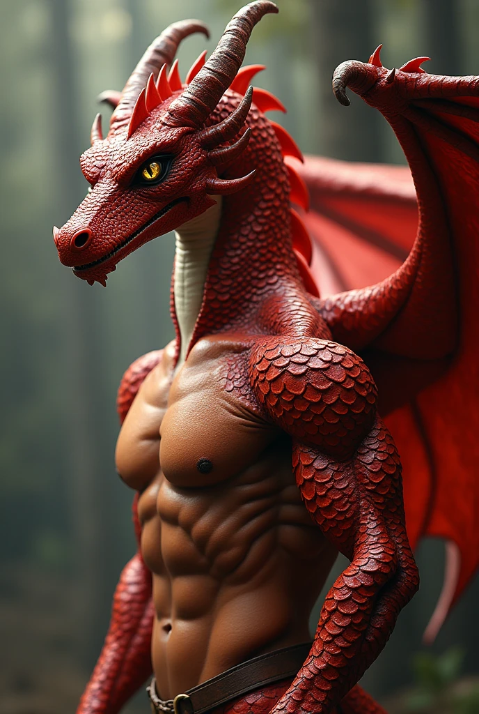 Anthro morph dragon with red skin and golden eyes posing for a photo, just in a shirt, looks like no