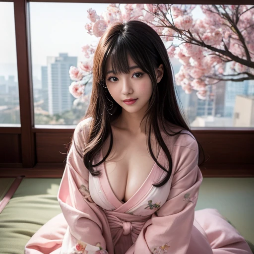 best quality, Delicate face，beautiful visual work, lifelike, eternity, black hair, Long curly hair, blunt bangs, Smile, Detailed Background, Delicate face，blush，cold，((masterpiece))、(top quality)、8k、high detail、Super detailed，41-year-old female，Wearing a yukata, Kneeling on the tatami, masterpiece、born、Scenes resembling fairy tale illustrations、intricate details和複雜的設計、Beautifully、magic、capricious、 Beautifully、Dream aesthetics、「𝓡𝓸𝓶𝓪𝓷𝓽𝓲𝓬、ethereal、charming、fickle、magic」、realism、Visual effects、FXAA、SSAO、Shader、voiceless、ambient lighting、Tone mapping、High resolution、Ultra high quality、Million pixels、(8K resolution:1.10)、8k、8k以下、8K resolution、high detail、intricate details， (high quality:1.2、masterpiece:1.2、:1.21)、(41-year-old female:1.21)、(興奮地Smile)、(Surrounded by a dreamy atmosphere、Model diagram，full-body shot，Normal 2 feet，Put your hands behind you，The protrusion of the  is visible when wearing clothes, , H cup , pink clothes, Don't show your fingers, full-body shot， full-body shot，full-body shot，full-body shot，full-body shot，full-body shot，full-body shot，full-body shot，hands hidden in clothes, hands hidden in clothes,hands hidden in clothes,hands hidden in clothes,hands hidden in clothes,hands hidden in clothes,hands hidden in clothes,hands hidden in clothes,hands hidden in clothes, ,hands hidden in sleeves ,hands hidden in sleeves ,hands hidden in sleeves ,hands hidden in sleeves ,hands hidden in sleeves ,hands hidden in sleeves ,hands hidden in sleeves ,hands hidden in sleeves, arms behind back, arms behind back,indoor, Japanese style decoration, Japanese style architecture, Japanese-style room, 在Japanese-style room內, Pink and white yukata with flower pattern, Pink and white floral pattern yukata
