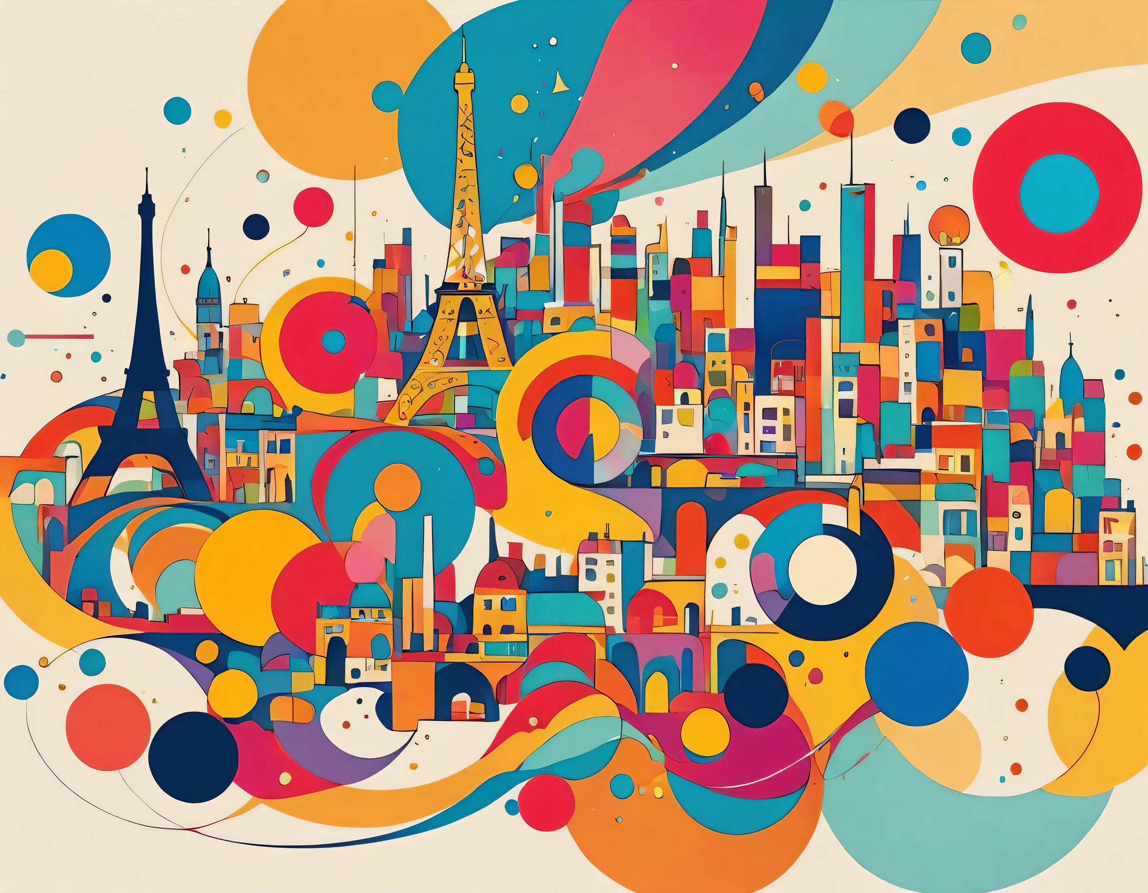 Vasily Kandinsky colorful style, Simple Line Initialism,Abstract art,(((Paris cityscape))), (((No people)))
