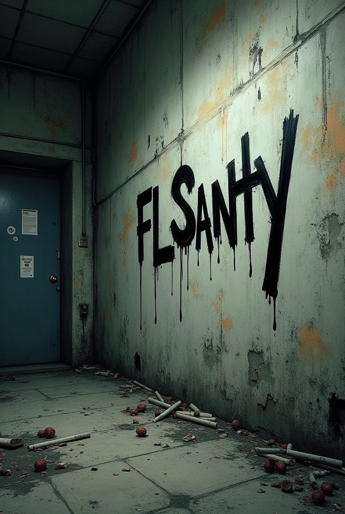 Graffiti written on wall " FLSanty " dark depressive with drawings of cigarettes and bottles of alcohol