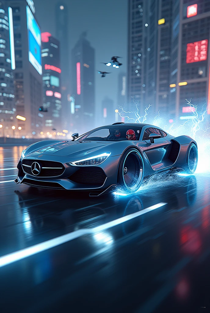 Back to future Mercedes car. Flying car. Future design. With drone concept. Super fast car. Lighting speed effect